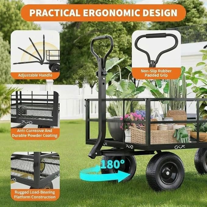 Heavy Duty Steel Garden Cart, 1200 LBS Load Capacity Garden Wagon with 10 inch Tire and 180° Rotating Handle Attach to ATV or Tractor, Yellow