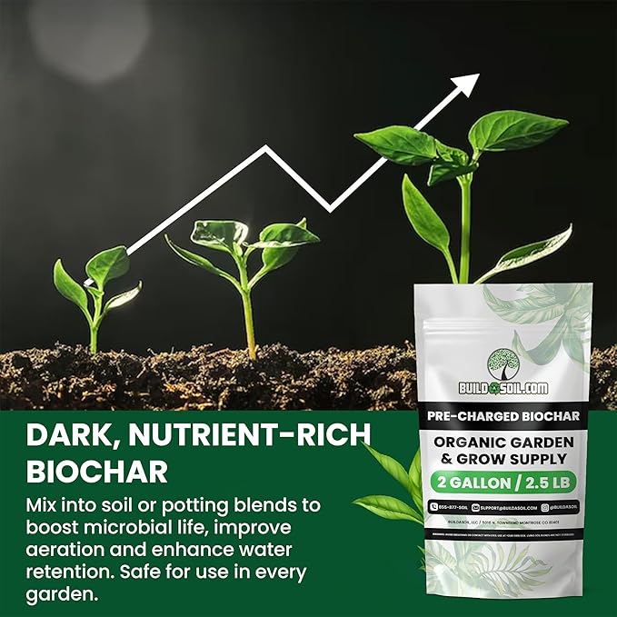 BuildASoil Pre-Charged Biochar Organic Soil Amendment for Plants, No-Till Friendly, 2โ5% Mix Rate, Clay Soil Conditioner with Organic Perlite & Horticultural Charcoal Blend, 2 Gallon/2.5 lb