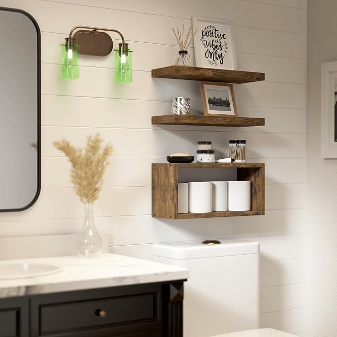 RICHER HOUSE 3-Set Brown Floating Wall Shelves, Bathroom Shelf Over Toilet | Cube Wall Mounted Shelves, Invisible Bracket, Moisture Resistant Shelves for Whterproof Bathroom Wall Decor Bedroom Storage