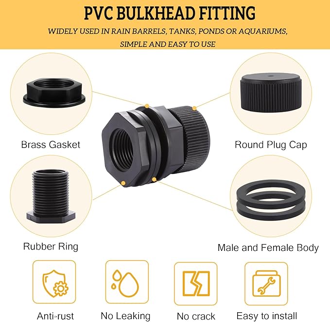 PVC Garden Hose Bulkhead Fitting With Plug, 1/2" Female NPT, 3/4" Male GHT (garden Hose Thread), For Rain Barrels, Aquariums, Sinks,6 Pack……