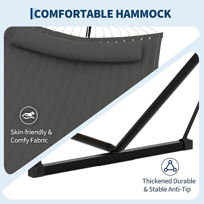 Garvee 2 Person Hammock with Stand for Outside, Double Hammock with Stand and Pillow, Max 450 Lbs Capacity with Balance Rope, Large Hammock for Outdoor Patio Backyard Poolside