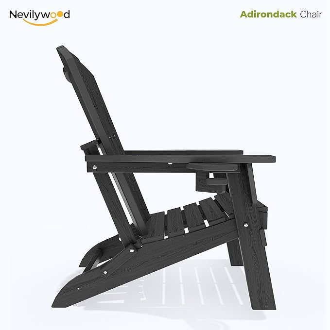 nevilywood HDPE Folding Adirondack Chair Set of 2,Waterproof All-Weather Outdoor Design with Cup Holder,Suitable for Patio for Fire Pit, Patio & Beach, Black