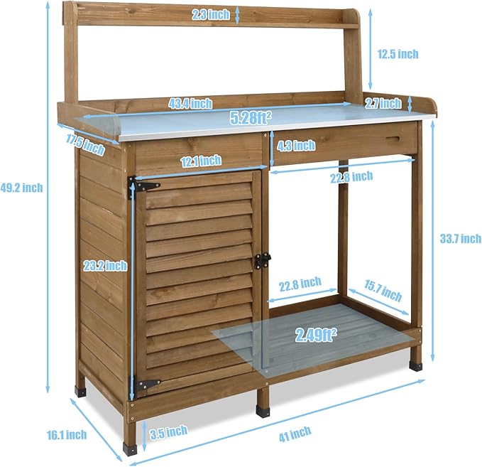 Ketive Outdoor Garden Potting Bench Table, 41" L Wooden Potting Table Work Bench for Horticulture, Waterproof Workstation Table with Metal Tabletop/Cabinet/Drawer/Open Shelf (Brown)