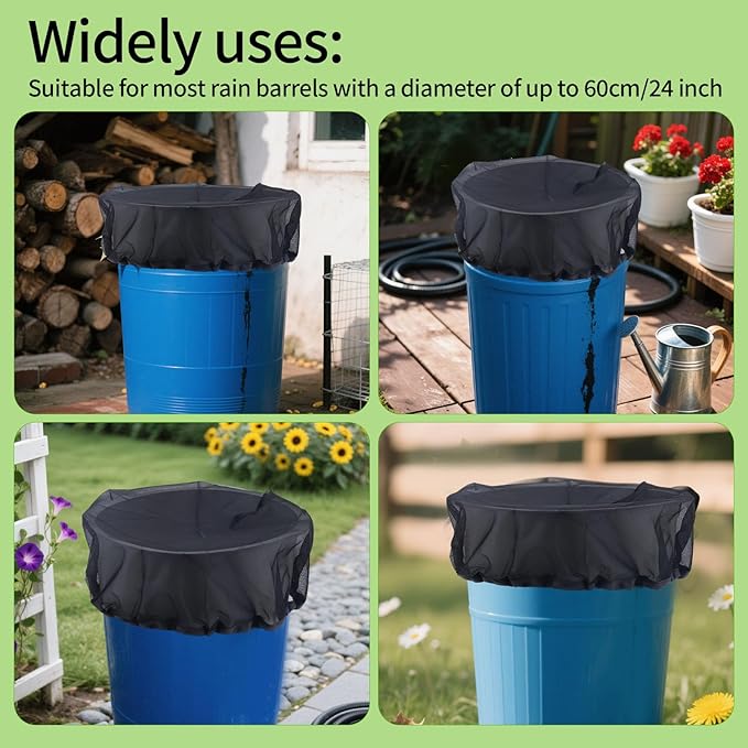 2pcs Rain Barrel Covers, 24" Fine Mesh Water Collection Bucket Filter Covers with Drawstring Rain Barrel Screen Net for Outdoor Garden Use, Prevents Leaves & Debris