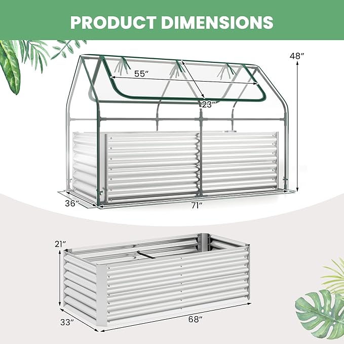 HAPPYGRILL Raised Garden Bed with Cover, Galvanized Planter Boxes Outdoor w/Mini Greenhouse, 2 Roll-up Windows & Open-Ended Base, Metal Growing Raised Bed for Vegetables (Silver, 71” x 36” x 48”)