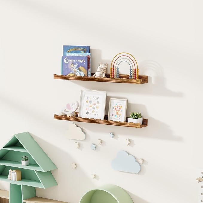 Fun Memories Picture Ledge Shelf for Wall, 24 inch Pine Wood Nursery Book Shelves Set of 2- Wall Book Shelves for Kids Room, Home Decor - Kitchen Spice-Carbonized