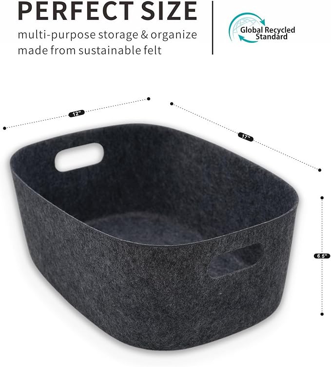 Welaxy Large Felt Storage Basket with Handles Charcoal Open Bin for Shelves