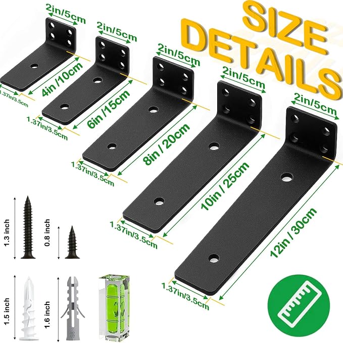 Floating Shelf Bracket 10 Inch of 4 Pack Heavy Duty Shelf Brackets Black Coated Metal L Bracket Wall Shelf Support DIY Brackets with 1/5 Inch Thick and 160 LBS Load Capacity