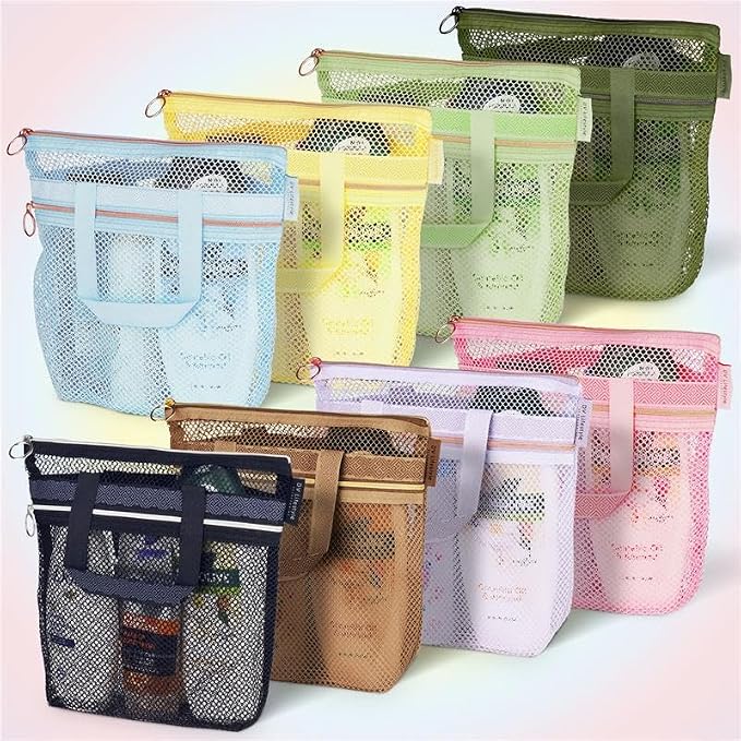 DV Lifestyle Mesh Shower Bag 10.2x9.9'' Quick-Dry Caddy with Zipper & 2 Pockets. Portable Toiletry Tote for Bathroom, Gym, Travel, Camp, Beach, for Sunscreen, Dorm & College Essentials (Brown)