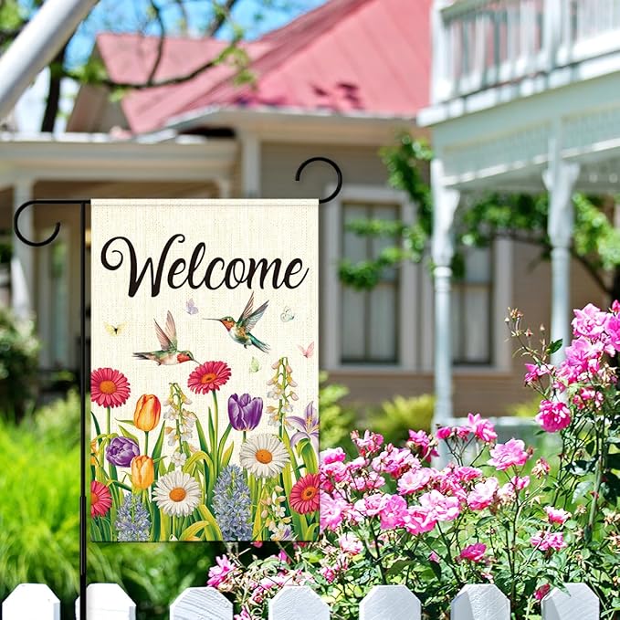 Welcome Flags for Outside,Spring Hummingbird Garden Flag for Yard Patio Lawn Decoration,12x18 Inch Double Sided