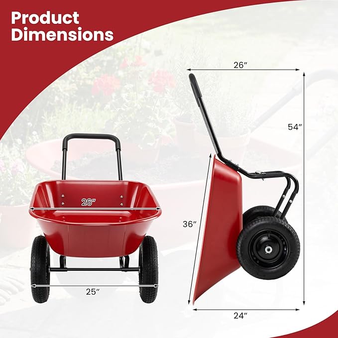 Enlarged Dual-Wheel Wheelbarrow, Easy Loading and Dumping Garden Cart, Heavy Duty Utility Dump Cart for Lawn, Yard, Farm, Gardening & Planting (Red)