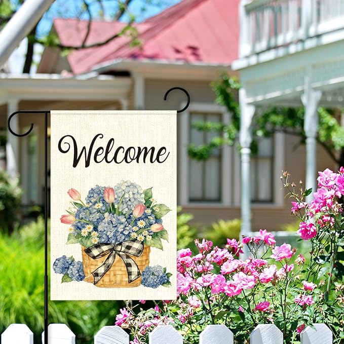 Welcome Flags for Outside,Spring Hydrangea Garden Flag for Yard Patio Lawn Decoration,12x18 Inch Double Sided