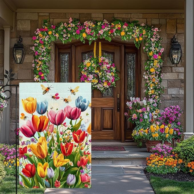 Spring Summer Tulip Garden Flag 12x18 Inch Double Sided, Colorful Welcome Yard Decor, Farmhouse Outdoor Flag for Lawn Patio Porch
