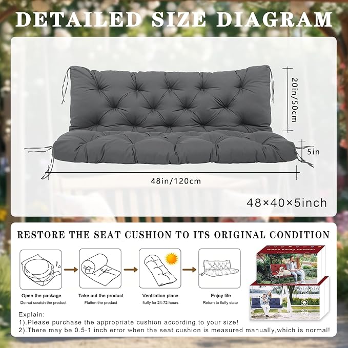 Replacement Cushions for Outdoor Furniture 48 Inch Waterproof Porch Swing Cushions 2 Seater with Backrest Extra 5" Thicken Durable Patio Long Bench Cushions(Dark Gray 48×40×5inch)