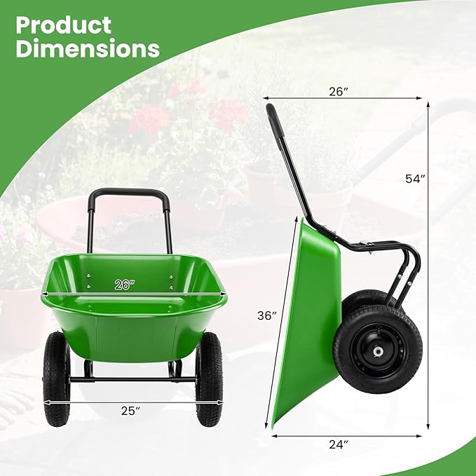 Enlarged Dual-Wheel Wheelbarrow, Easy Loading and Dumping Garden Cart, Heavy Duty Utility Dump Cart for Lawn, Yard, Farm, Gardening & Planting (Bright Green)
