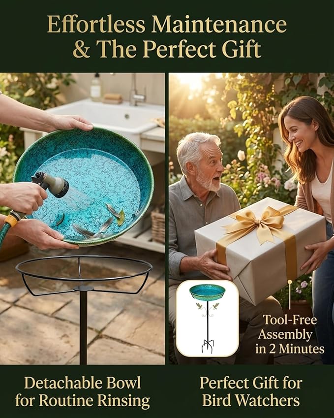35" Metal Bird Bath for Outside Standing Metal Bird Bath Stake in Ground Iridescent Blue Green Birdbath with Scientifically Designed Color Lure for Birds 12" Detachable Bowl for Garden Patio Yard