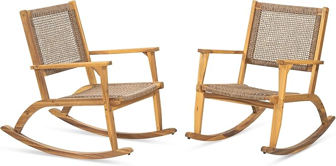 Merax 2-Piece Patio Rocking Chair Set, Acacia Wood Outdoor Rockers with PE Wicker Rattan Seat & Backrest, Comfortable Garden Porch Chairs for Backyard, Balcony, Poolside