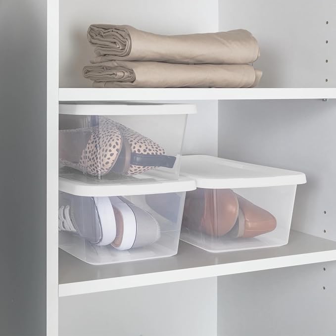 A set of 10 stackable 6-quart clear storage boxes, white snap-on lid plastic storage boxes, modern style, sturdy and durable, suitable for wardrobes and shelves.