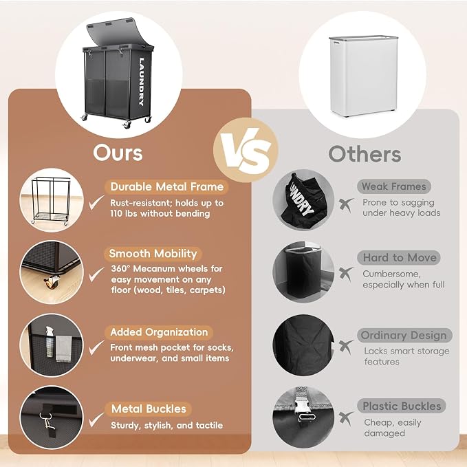 Laundry Hamper with Wheels and Lid, 225L Large Rolling Laundry Basket Gray | Heavy Duty Clothes Organizer, Sturdy Metal Frame, Lockable Swivel Casters, Removable Bag, For Bedroom, Bathroom, Laundry Room