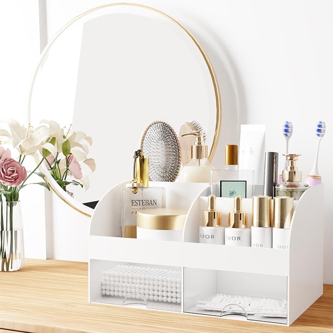 Makeup Organizer with Drawers, Cosmetic Storage for Dresser Vanity and Bathroom Countertop, Beauty Holder for Lipstick Brush, Skincare Organizer for Vanity, Cosmetic Display Case (White-2P)