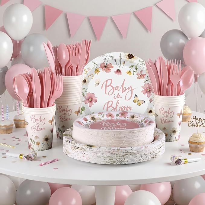 Funnymoom 400 Pcs Baby in Bloom Party Supplies for 50 Guests Pink Floral Baby Shower Paper Plates and Napkins Knives Spoon Fork Cup Disposable Wildflower Dinner Party for Spring Greenery Favor