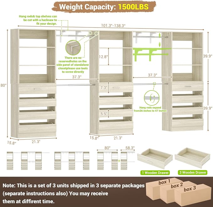 Aheaplus Closet System Set of 3, 138.5" Wood Closet Organizer System Tower with 12 Drawers & 4 Hanging Rods, 6.7+4.85Ft L Shaped Walk-in Closets Wardrobe Organizer Garment Rack with Shelf, White Oak3