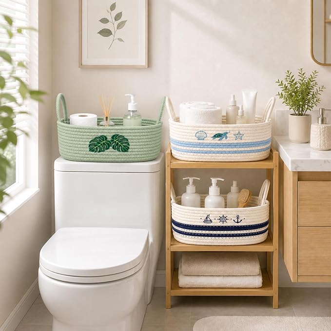 Nautical Toilet Paper Basket–Woven Rope Coastal Decorative Bathroom Decor