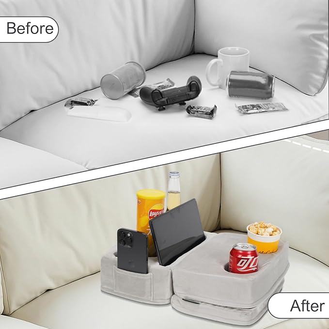 Couch Cup Holder, Large Sofa Organizer Caddy with 6 Holes, Silver | Tray Pillow, Sofa Pillow Drink Tray Organizer with Side Pocket for iPad, Drinks, Remotes, Phones, Snacks, Removable, Washable