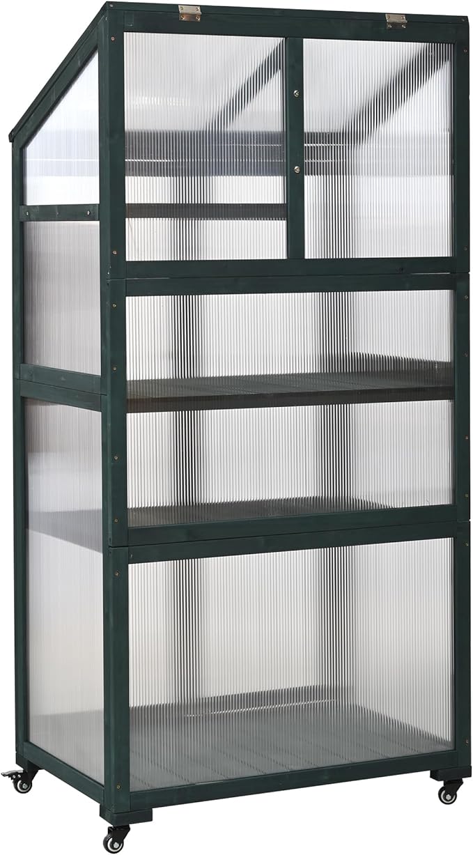 62'' H Wood Greenhouse for Outdoors, Portable Cold Frame Greenhouses with Wheels & Adjustable Shelves for Indoor, Garden, Patio Balcony,Easy Assembly,Green