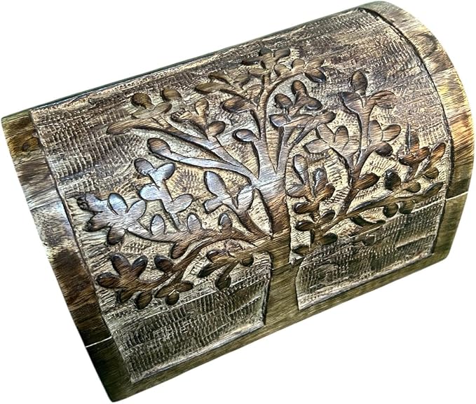 Premium Handmade Wooden Treasure Chest Decorative Trunk for Keepsakes Semicircular Curved Floral Jewellery Box Trinket Box Ladies Jewellery Storage Case Handcrafted Home Decor (Plain Tree)
