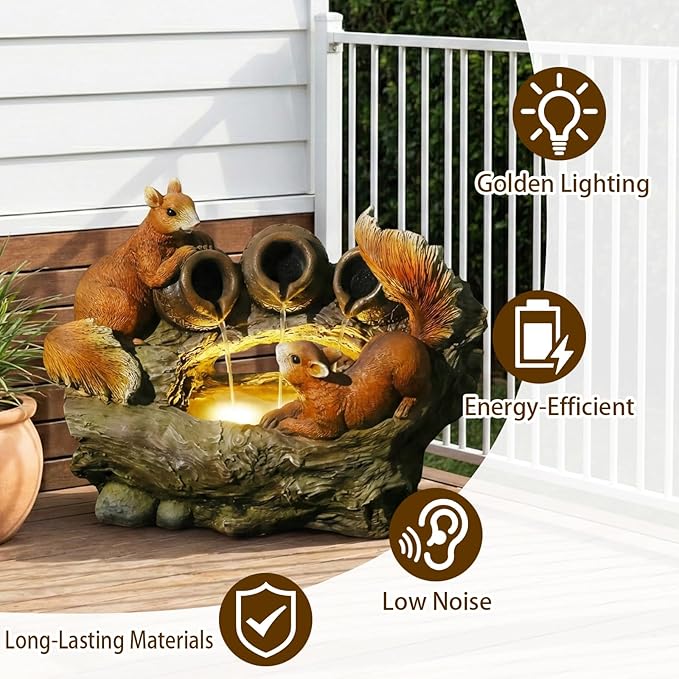 Sunlinua 24" L Squirrel Outdoor Water Fountain, Decorative Resin Water Fountain with LED Lights, Garden Waterfall Fountains Indoor and Outdoor for Patio, Porch, Courtyard, Home Decor