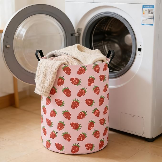 Round Strawberry Laundry Hamper, Storage Basket for Adults and Kids