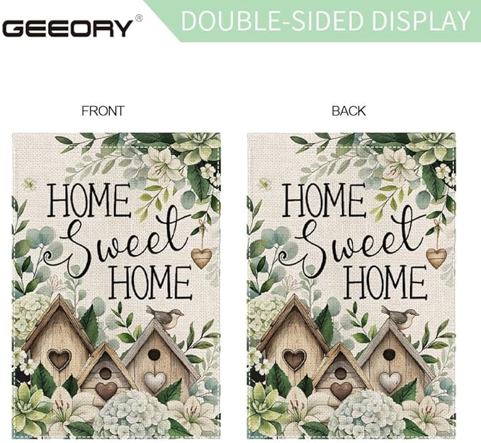 GEEORY Home Sweet Home Garden Flag 12x18 Inch, Hydrangea Eucalyptus Double Sided Spring Summer Decor, Farmhouse Rustic Outdoor Floral Flag Outside Yard Lawn Decoration