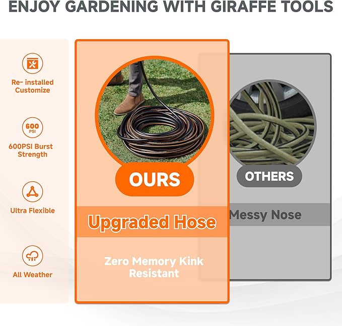 Giraffe Tools Garden Hose 5/8", Custom Length, Heavy Duty, No Kink, Flexible, Rubber Garden Hose, Leakproof Water Hose, 600 Burst PSI, 5ft Male to Female Hose