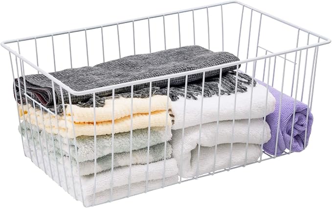 16Lx12Wx6H inch Wider Freezer Organizer Baskets Container, Refrigerator Metal Wire Storage Bins with Handles for Kitchen, Pantry, Cabinet, Closets - Pearl White(3 Packs)