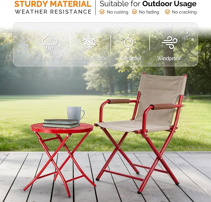 VINGLI Outdoor Folding Side Table with Chic Hollow Pattern and Durable, Rust-Resistant Coated Iron Patio Bistro Table Suitable for Indoor & Outdoor Porch, Deck, Balcony and Pool,Red