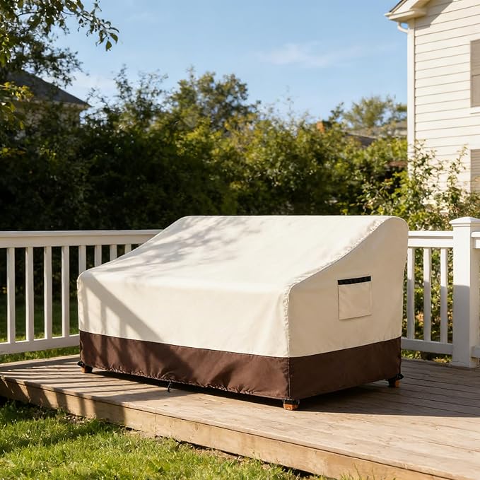 3-Seater Patio Sofa Cover, 600D Heavy Duty Waterproof Outdoor Sofa Covers, 76 W x 32.5 D x 33 H Inches Outdoor Couch Cover, Patio Furniture Covers, Lvory&Brown