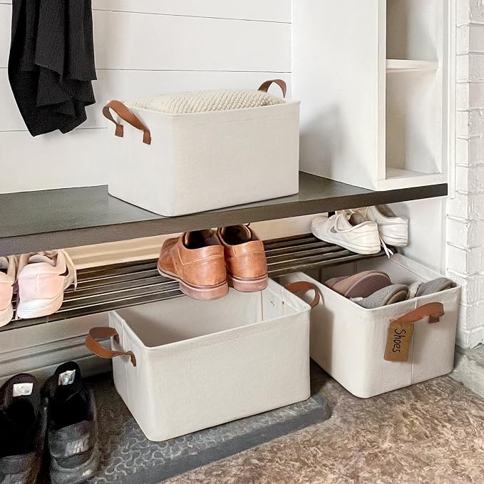 CHICVITA 20L Fabric Storage Bins for Shelves, Metal Frame, 2Pack, Beige | 14 ¾" L x 10 ¼" W x 8 ¼" H Collapsible Storage Baskets for Toys & Books, Bedroom & Living Room Organization, Leather Handles