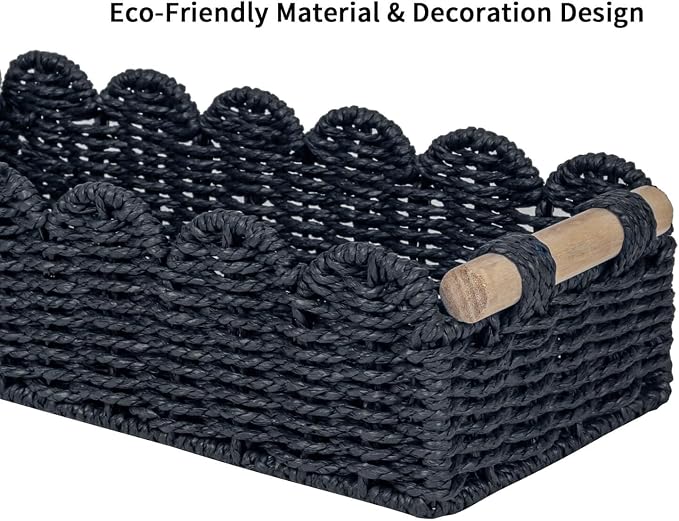 CubesLand Scalloped Toilet Paper Storage Basket for Over Toilet Shelves | Decorative Wicker Organizer Basket Perfect for Home Countertop Storage, Small Basket, Living Room Shelf Decor, Set 2 Black