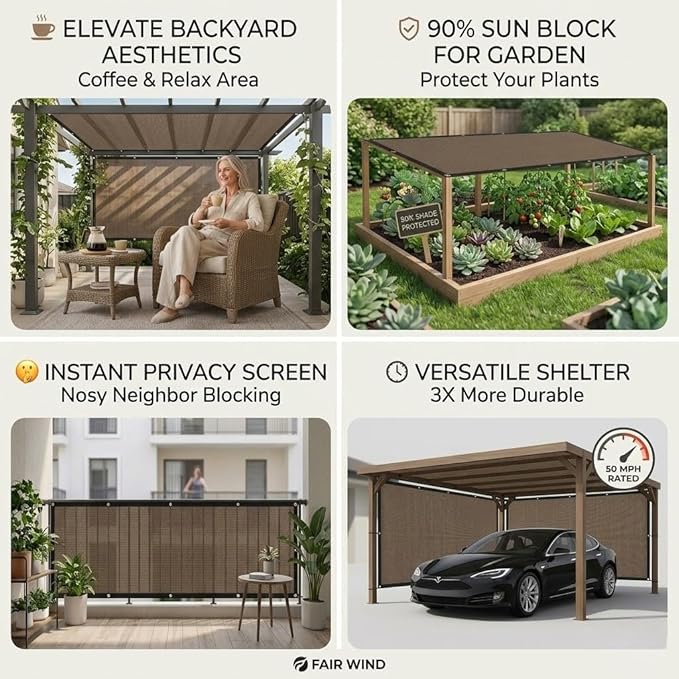 FAIR WIND 90% Sun Shade Cloth with Improved Grommets 10' x 12' Outdoor Sun Screen Fabric Cover for Patio Garden Pergola Canopy - Mocha