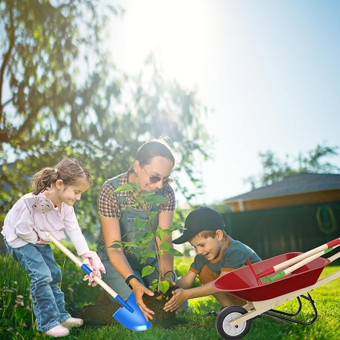 Qtioucp Kids Wheelbarrow Set with Gardening Tools Outdoor Backyard Garden Play for Toddlers Boys Girls 3-8, with Shovel, Rake, Leaf Rake, Easter Birthday Gifts (Red Garden Set)