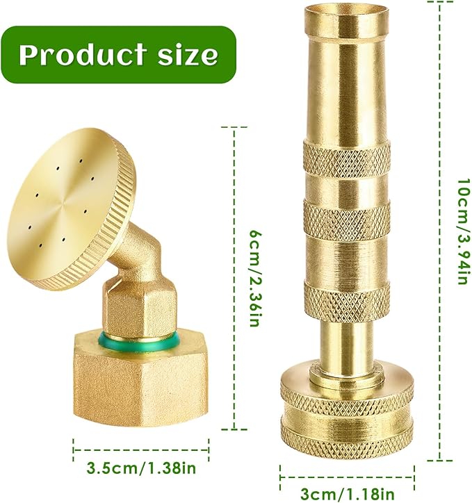 Brass Hose Nozzle & 8-Hole Garden Hose Mister Nozzle Set, Heavy Duty, Adjustable Spray & High-Pressure Jet