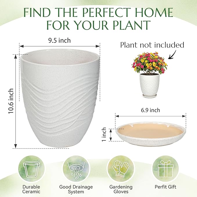 9.5 Inch Flower Pots for Indoor Plants,Ceramic Planter with Saucer Drainage Leak-Proof Mesh Gardening Gloves (Water-Ripple White)
