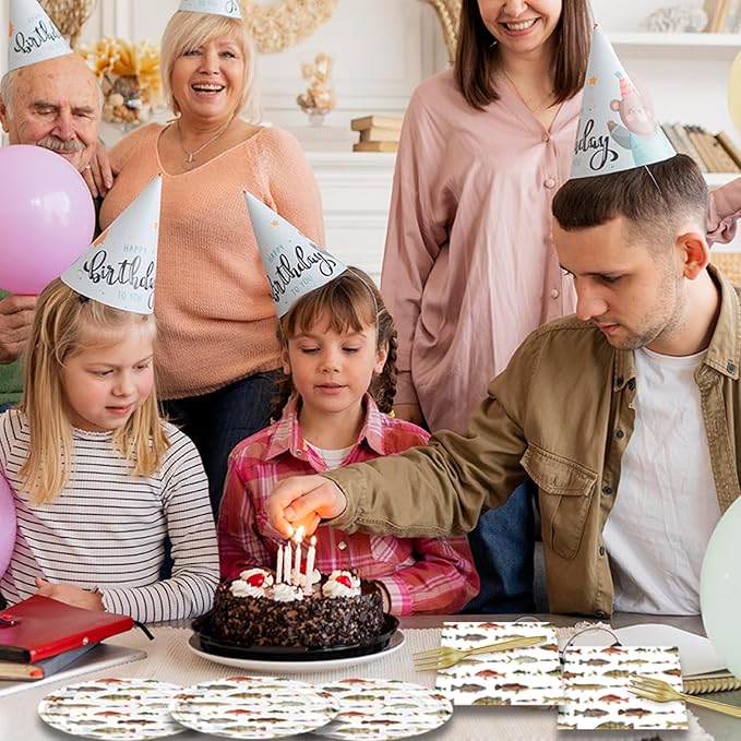 48Pcs Go Fishing Birthday Party Decorations - Ofishally One Gone Fishing Paper Plates Napkins Forks Birthday or Baby Shower Supplies Set for 16 Guests