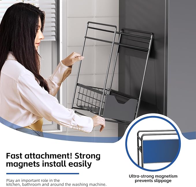 2 Tier Magnetic Shelves for Washing Machine with Pull Out Metal Drawer