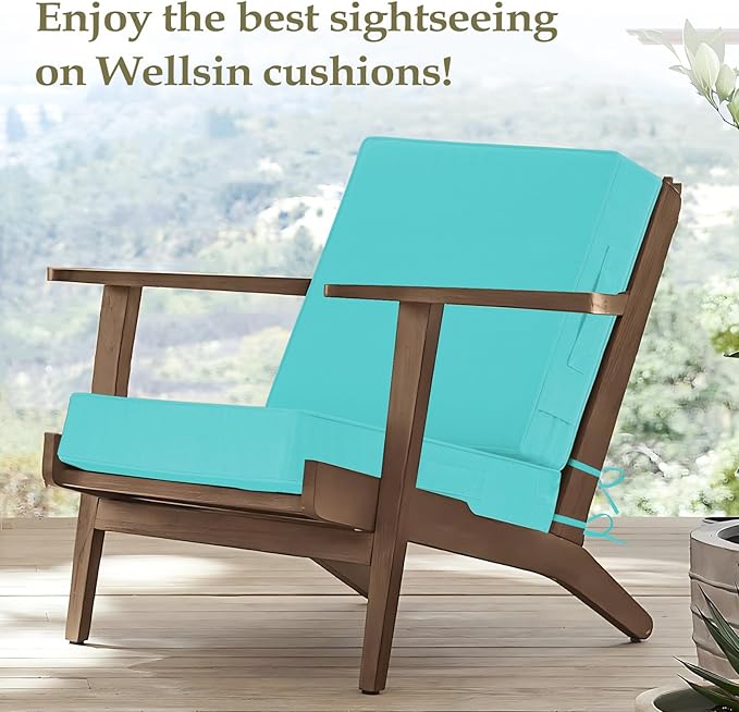Wellsin Outdoor Deep Seat Patio Cushions, 22 x 22 Waterproof & 3-Year Fade Resistant Outdoor Cushions with Removable Covers,Ties and Handle for Chair, Sofa, Couch, Teal