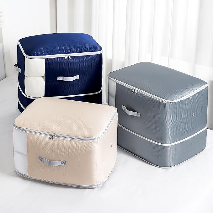 Comforter Storage Bag -Large Capacity Blanket Storage Bags 3-Layer Ultra Space Saving Self Compression Organizer, Washable Compression Bags for Storage Comforter Blanket, 4-Pack, Navy Blue
