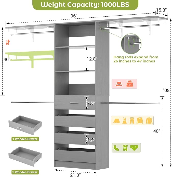 Aheaplus Closet System with 4 Drawers, 8FT Wood Closet Organizer System