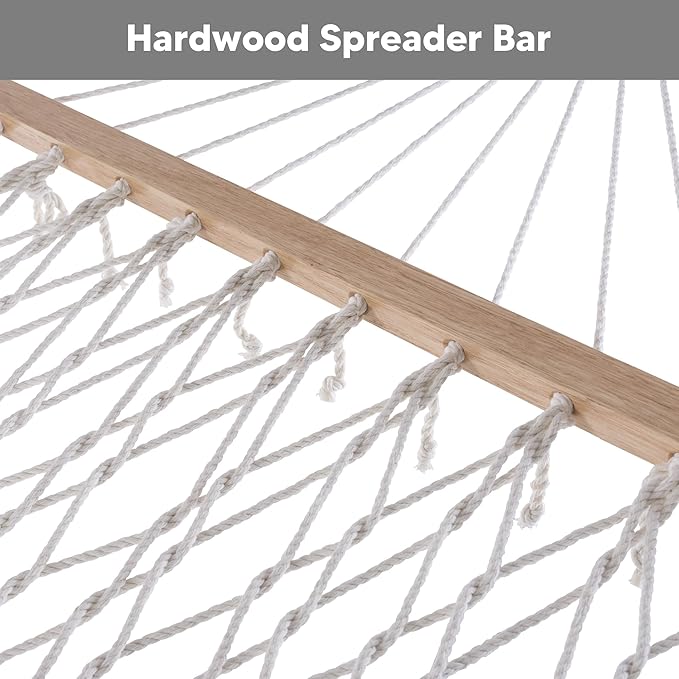 SUNCREAT 2 Person Hammock with Hardwood Spreader Bar, Outdoor Rope Hammock with Polyester Pad, 475 lbs Capacity, Beige