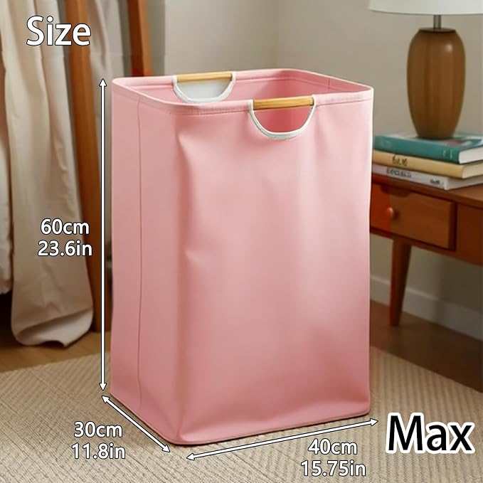 Collapsible Laundry Hamper Bag with Wooden Handles - 72L/19 Gallon Large Capacity Waterproof Oxford Cloth Storage Basket, Freestanding No Wire Frame, for Dorm Room, Bedroom, Bathroom (Max-Pink)